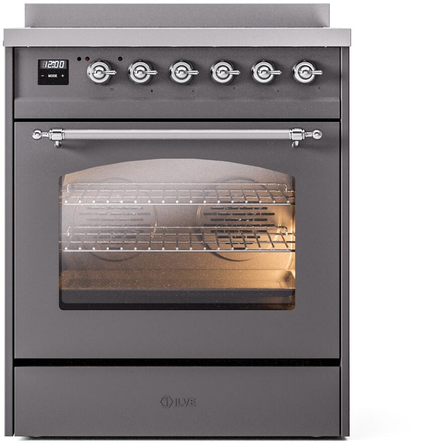 ILVE Nostalgie II 30-Inch Electric Induction Range, Freestanding, Matte Graphite with Chrome Trim (UPI304NMPMGC)