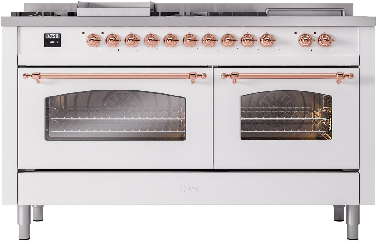 ILVE Nostalgie II 60-Inch Natural Gas Dual Fuel Range, 7 Burners, Griddle, French Top, Triple Glass Door, White with Copper Trim (UP60FSNMPWHP)