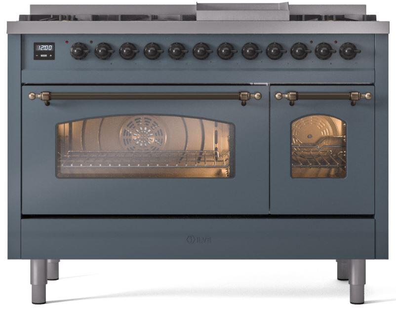 ILVE Nostalgie II 48-Inch Freestanding Dual Fuel Range, Blue Grey with Burnished Bronze Trim (UP48FNMPBGBLP)