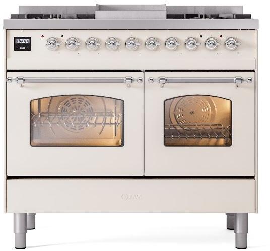 ILVE Nostalgie II 40-Inch Freestanding Dual Fuel Range, Antique White with Chrome Trim (UPD40FNMPAWCLP)