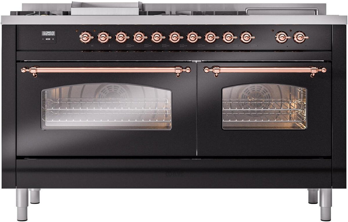 ILVE Nostalgie II 60-Inch Propane Dual Fuel Range, 7 Burners, Griddle, French Top, Triple Glass Door, Glossy Black with Copper Trim (UP60FSNMPBKPLP)