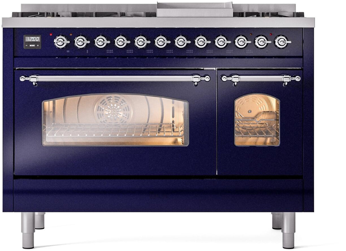 ILVE Nostalgie II 48-Inch Freestanding Dual Fuel Range, Midnight Blue with Chrome Trim (UP48FNMPMBCLP)