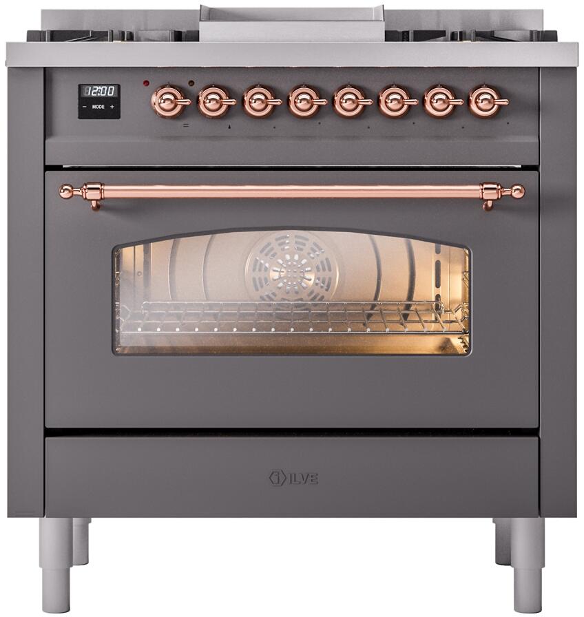 ILVE Nostalgie II 36-Inch Freestanding Natural Gas Dual Fuel Range, Matte Graphite with Copper Trim (UP36FNMPMGP)
