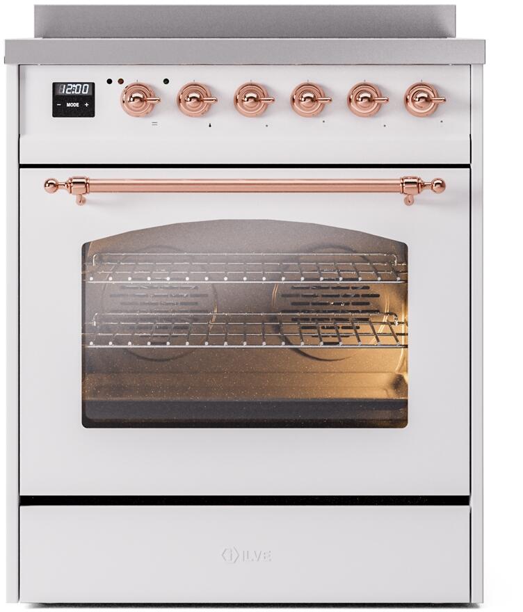 ILVE Nostalgie II 30-Inch Electric Induction Range, Freestanding, White with Copper Trim (UPI304NMPWHP)