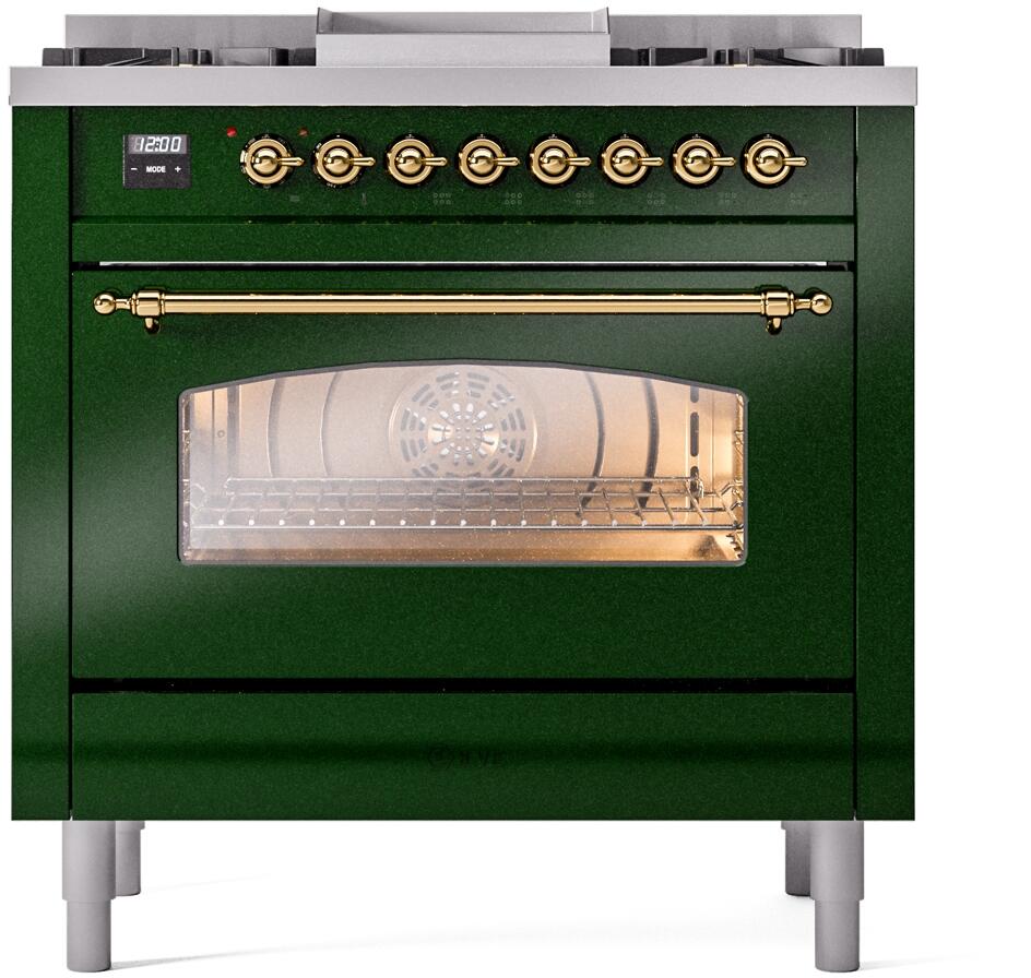 ILVE Nostalgie II 36-Inch Freestanding Dual Fuel Range, Emerald Green with Brass Trim (UP36FNMPEGGLP)