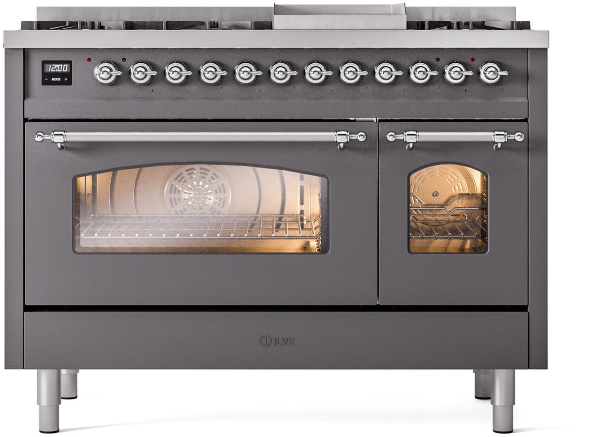 ILVE Nostalgie II 48-Inch Freestanding Natural Gas Dual Fuel Range, Matte Graphite with Chrome Trim (UP48FNMPMGC)