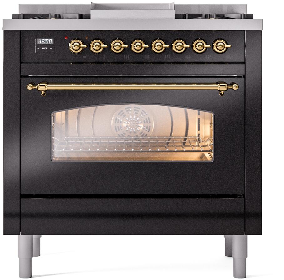 ILVE Nostalgie II 36-Inch Freestanding Natural Gas Dual Fuel Range, Glossy Black with Brass Trim (UP36FNMPBKG)