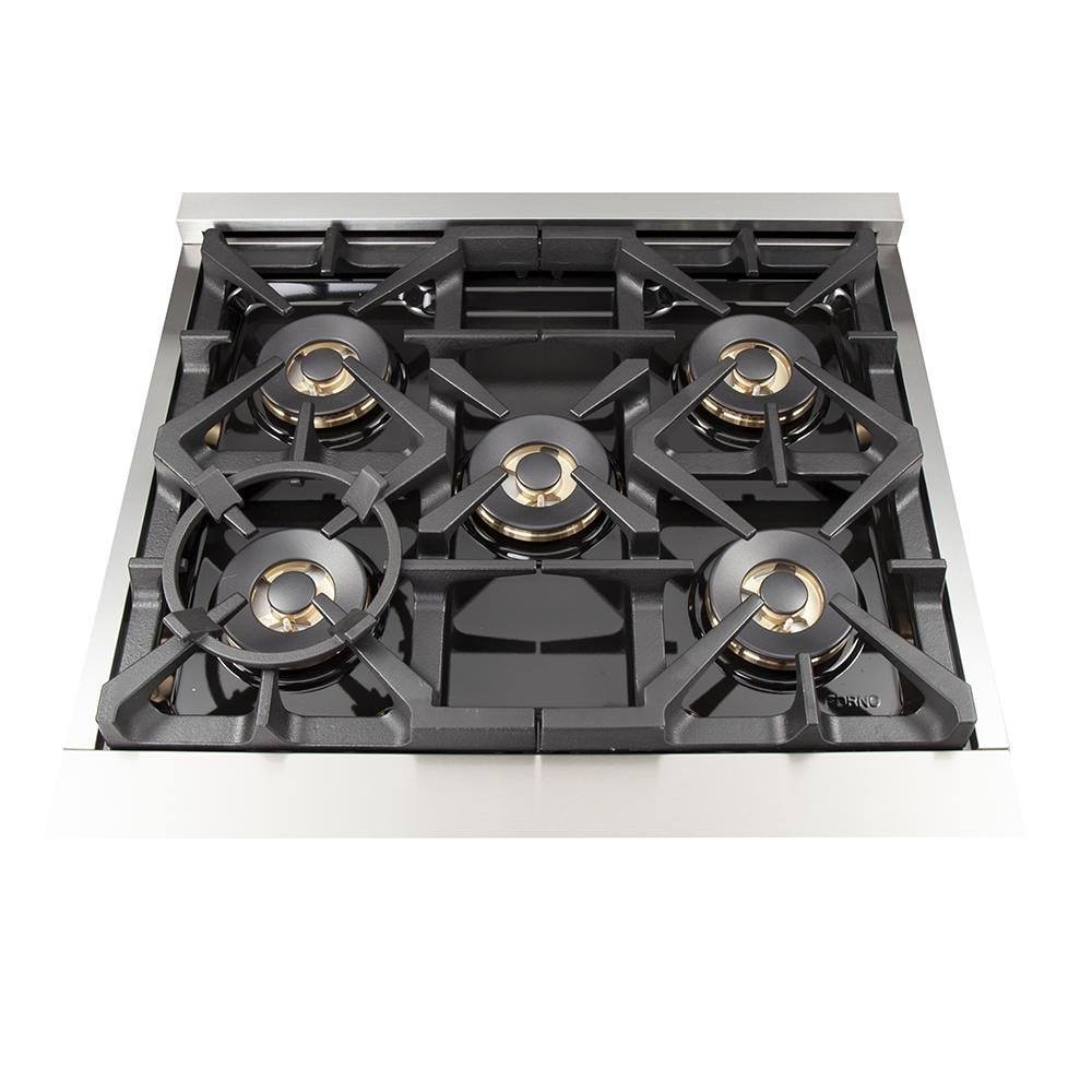 Forno Capriasca 30-Inch Freestanding Dual Fuel Range, 5 Burners, 100,000 BTUs, 240V Electric Convection Oven (FFSGS6187-30)