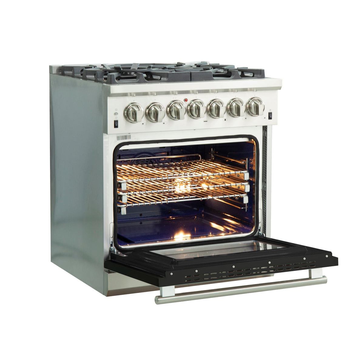 Forno Capriasca 30-Inch Freestanding Dual Fuel Range, 5 Gas Burners, 240V Electric Oven, Stainless Steel with Black Door (FFSGS6187-30BLK)