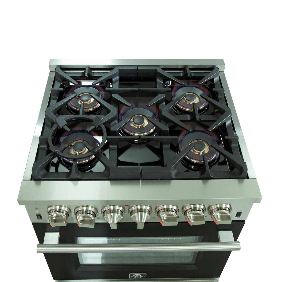 Forno Capriasca 30-Inch Freestanding Dual Fuel Range, 5 Gas Burners, 240V Electric Oven, Stainless Steel with Black Door (FFSGS6187-30BLK)