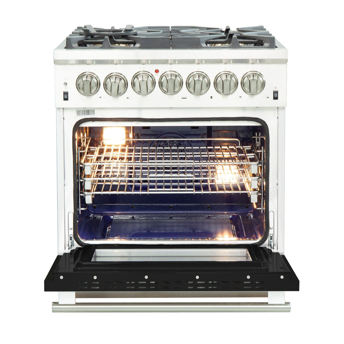 Forno Capriasca 30-Inch Freestanding Dual Fuel Range, 5 Gas Burners, 240V Electric Oven, Stainless Steel with Black Door (FFSGS6187-30BLK)
