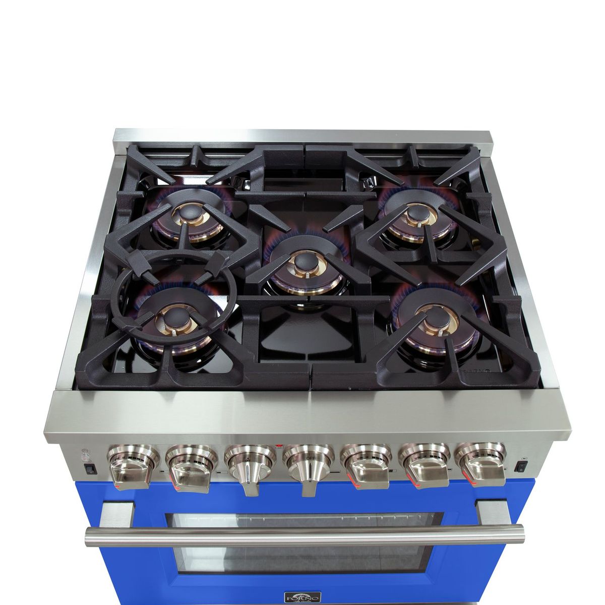 Forno Capriasca 30-Inch Freestanding Dual Fuel Range, 5 Gas Burners, 240V Electric Oven, Stainless Steel with Blue Door (FFSGS6187-30BLU)