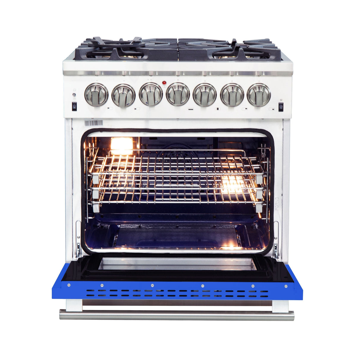 Forno Capriasca 30-Inch Freestanding Dual Fuel Range, 5 Gas Burners, 240V Electric Oven, Stainless Steel with Blue Door (FFSGS6187-30BLU)