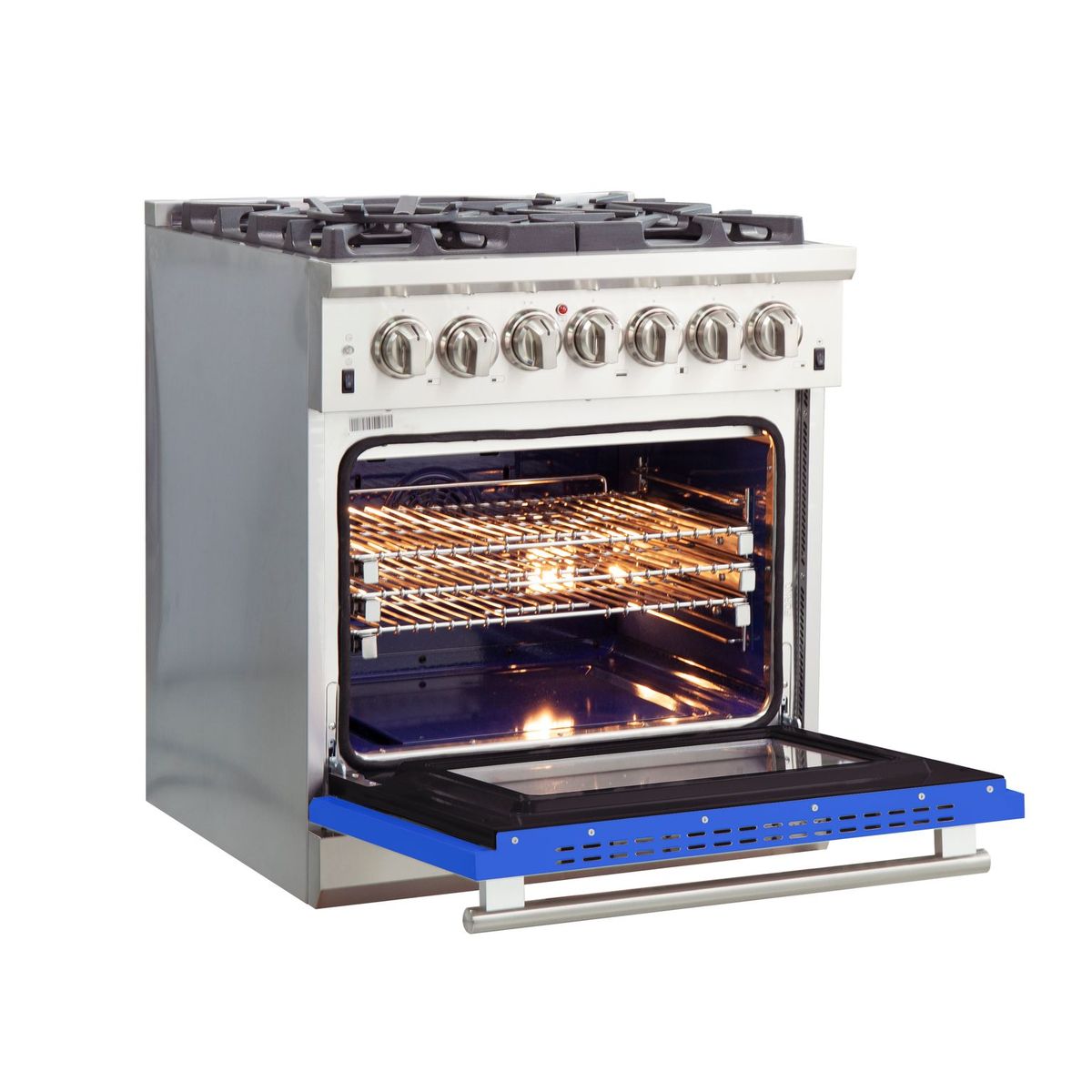 Forno Capriasca 30-Inch Freestanding Dual Fuel Range, 5 Gas Burners, 240V Electric Oven, Stainless Steel with Blue Door (FFSGS6187-30BLU)