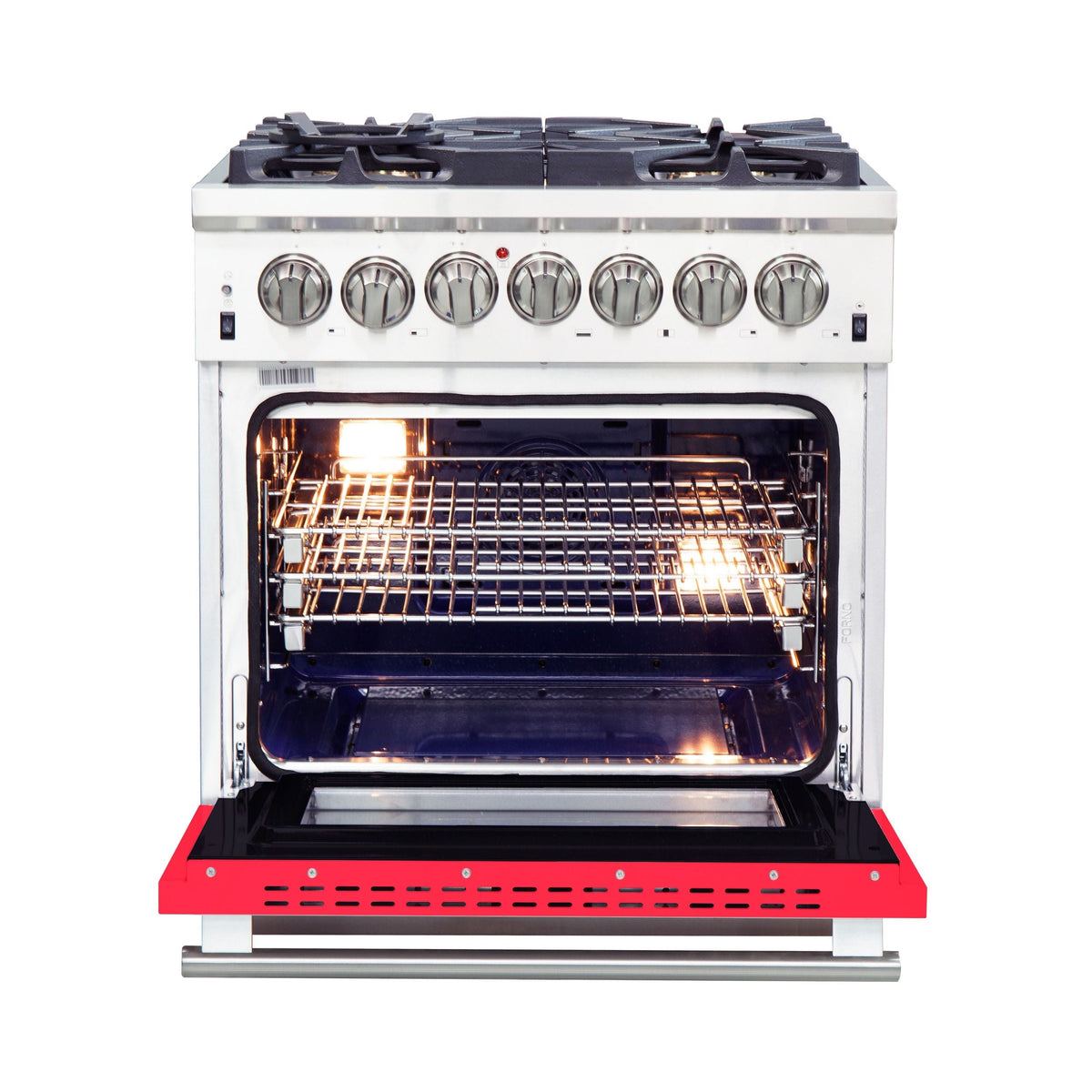 Forno Capriasca 30-Inch Freestanding Dual Fuel Range, 5 Gas Burners, 240V Electric Oven, Stainless Steel with Red Door (FFSGS6187-30RED)
