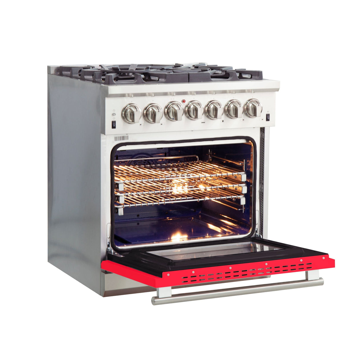 Forno Capriasca 30-Inch Freestanding Dual Fuel Range, 5 Gas Burners, 240V Electric Oven, Stainless Steel with Red Door (FFSGS6187-30RED)