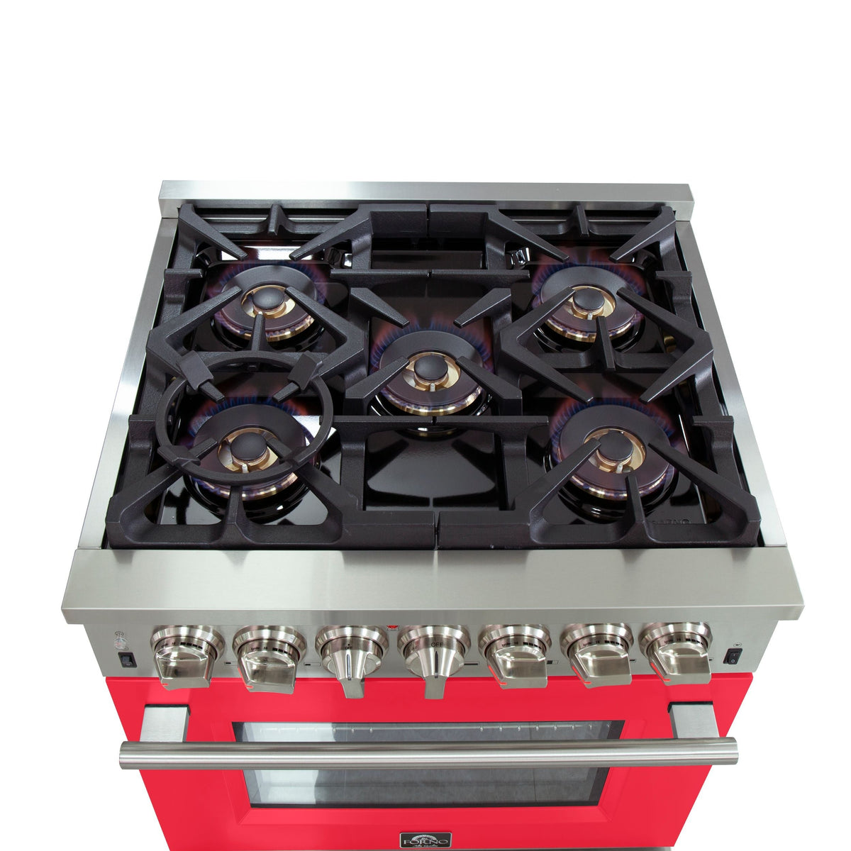 Forno Capriasca 30-Inch Freestanding Dual Fuel Range, 5 Gas Burners, 240V Electric Oven, Stainless Steel with Red Door (FFSGS6187-30RED)