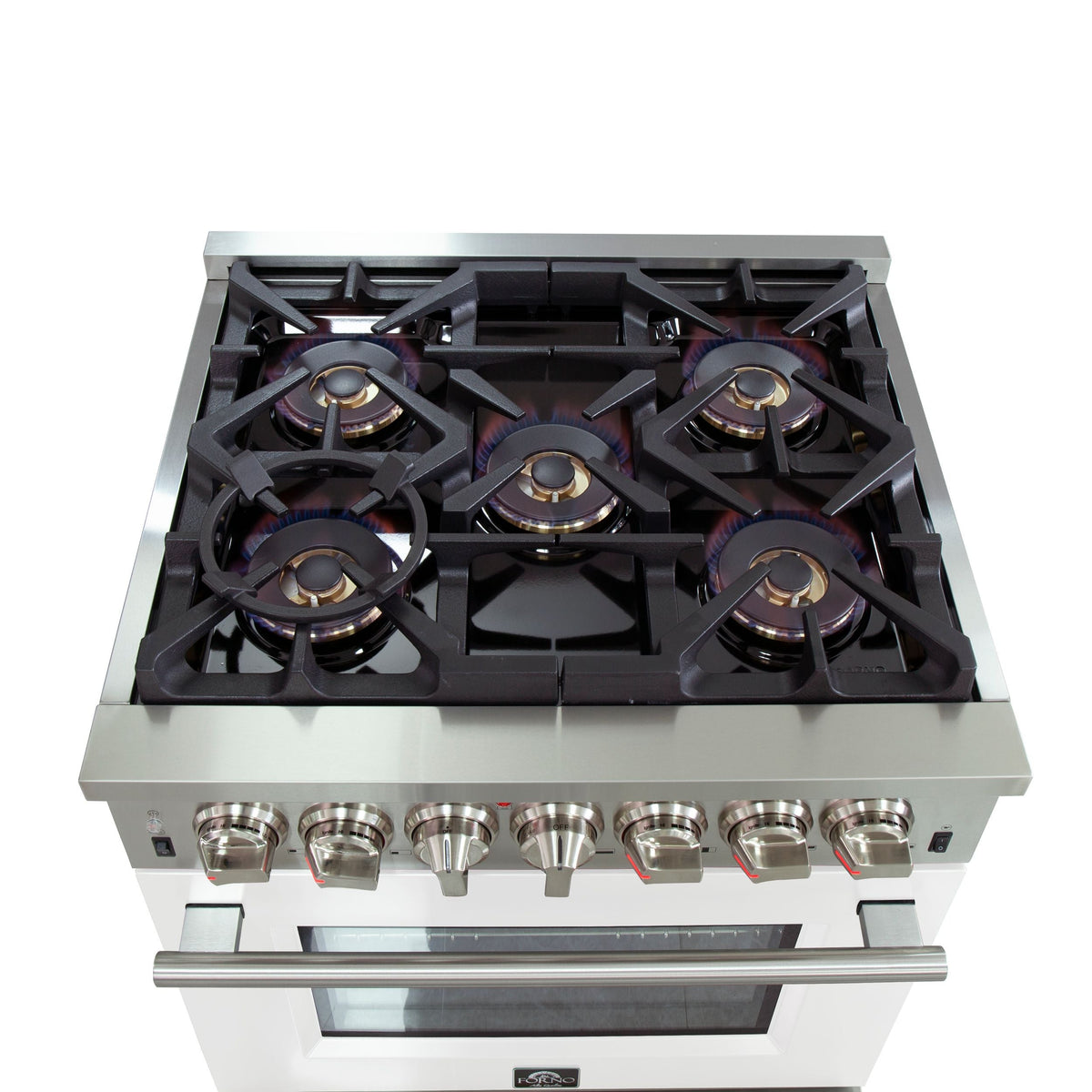 Forno Capriasca 30-Inch Freestanding Dual Fuel Range, 5 Gas Burners, 240V Electric Oven, Stainless Steel with White Door (FFSGS6187-30WHT)