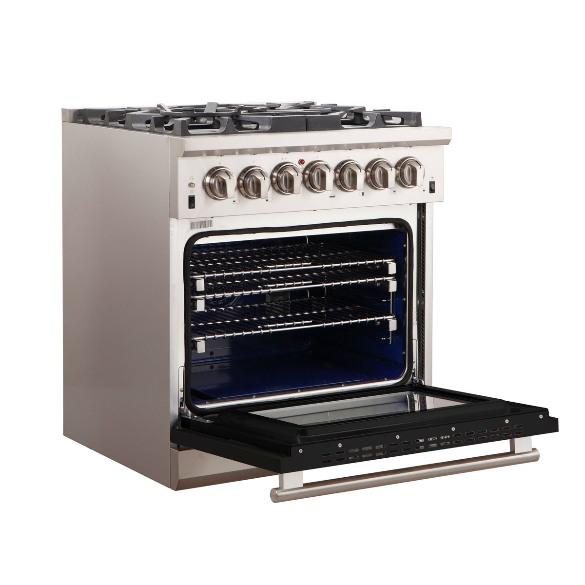 Forno Capriasca 30-Inch Freestanding Gas Range, 5 Burners, Convection Oven, Stainless Steel with Black Door (FFSGS6260-30BLK)
