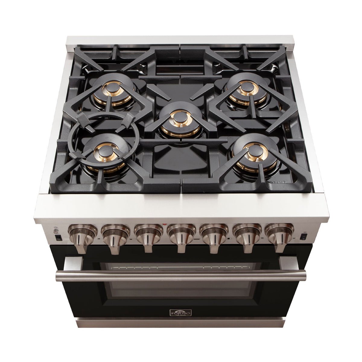 Forno Capriasca 30-Inch Freestanding Gas Range, 5 Burners, Convection Oven, Stainless Steel with Black Door (FFSGS6260-30BLK)
