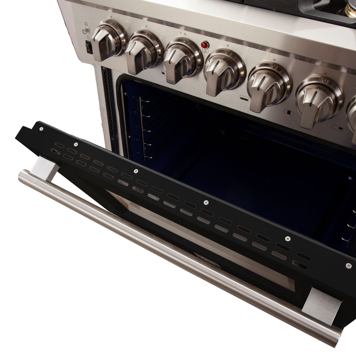 Forno Capriasca 30-Inch Freestanding Gas Range, 5 Burners, Convection Oven, Stainless Steel with Black Door (FFSGS6260-30BLK)