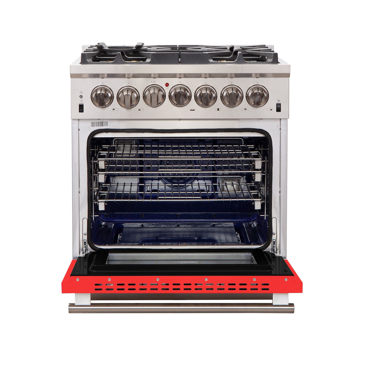 Forno Capriasca 30-Inch Freestanding Gas Range, 5 Burners, Convection Oven, Stainless Steel with Red Door (FFSGS6260-30RED)