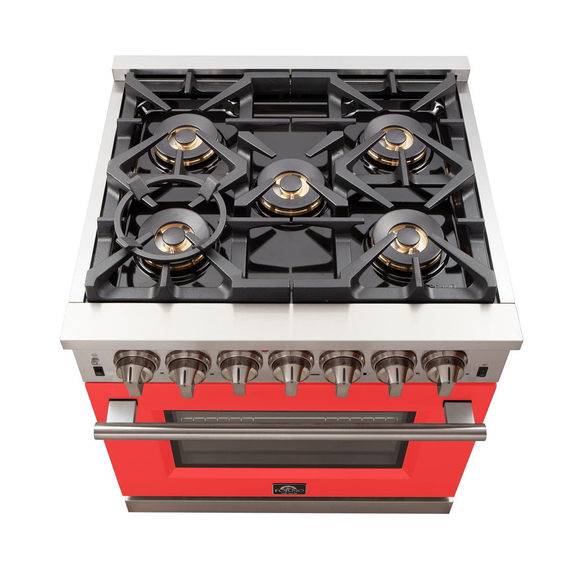 Forno Capriasca 30-Inch Freestanding Gas Range, 5 Burners, Convection Oven, Stainless Steel with Red Door (FFSGS6260-30RED)