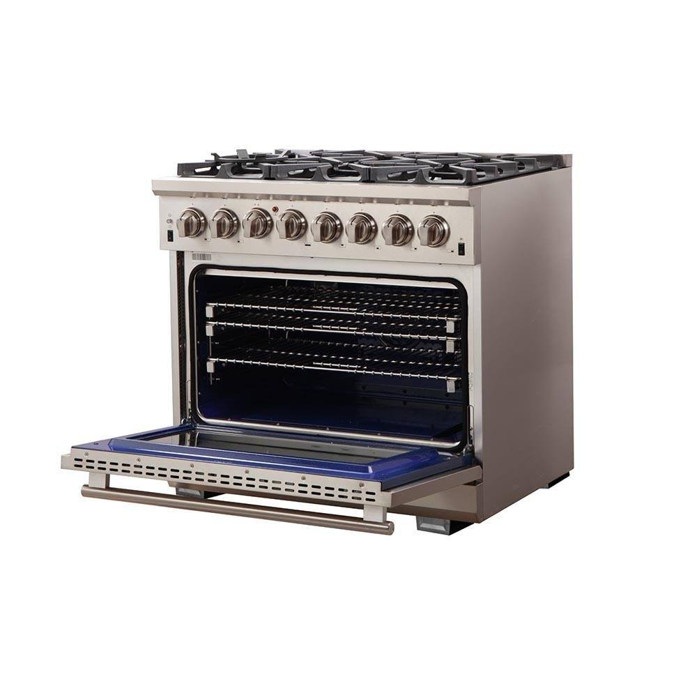 Forno Capriasca 36-Inch Freestanding Dual Fuel Range, 6 Gas Burners, 120,000 BTUs, 240V Electric Convection Oven (FFSGS6187-36)