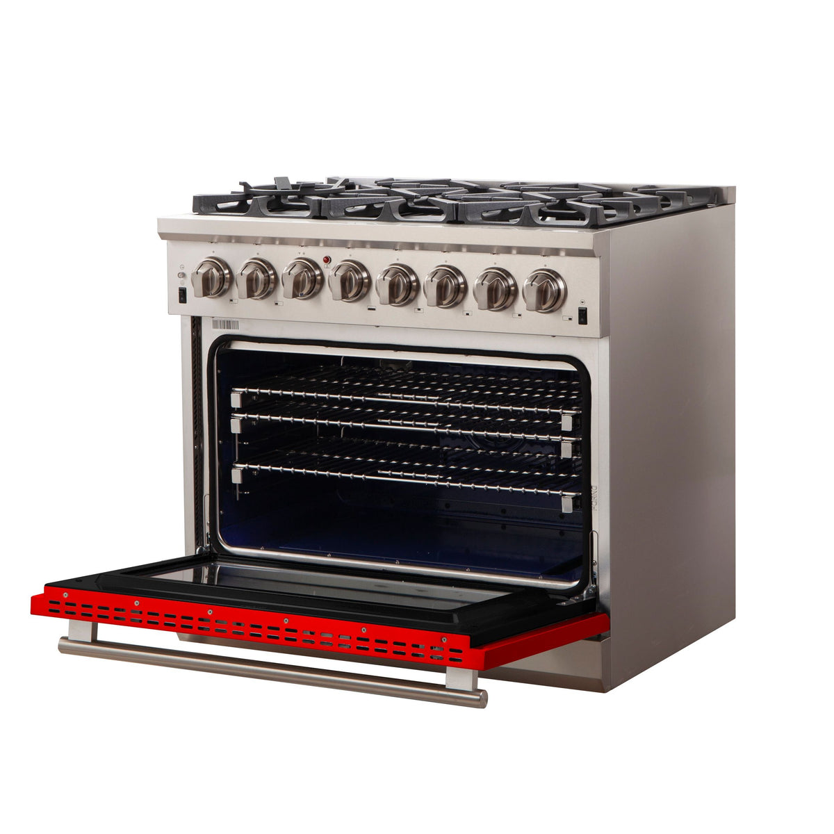 Forno Capriasca 36-Inch Freestanding Dual Fuel Range, 6 Gas Burners, 240V Electric Oven, Stainless Steel with Red Door (FFSGS6187-36RED)