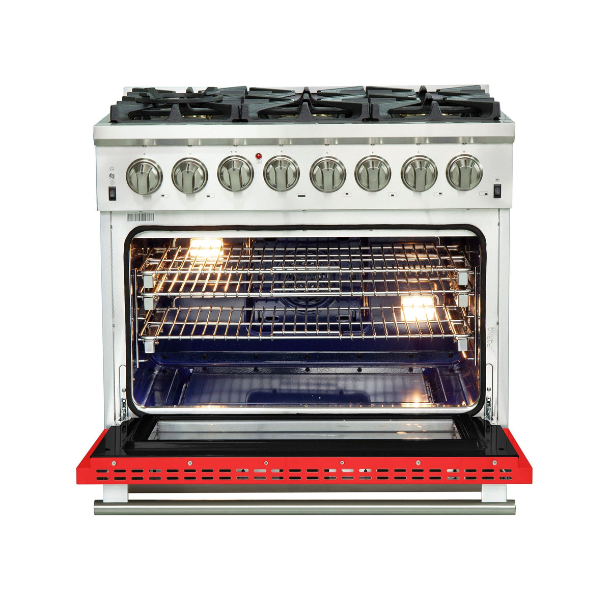 Forno Capriasca 36-Inch Freestanding Dual Fuel Range, 6 Gas Burners, 240V Electric Oven, Stainless Steel with Red Door (FFSGS6187-36RED)