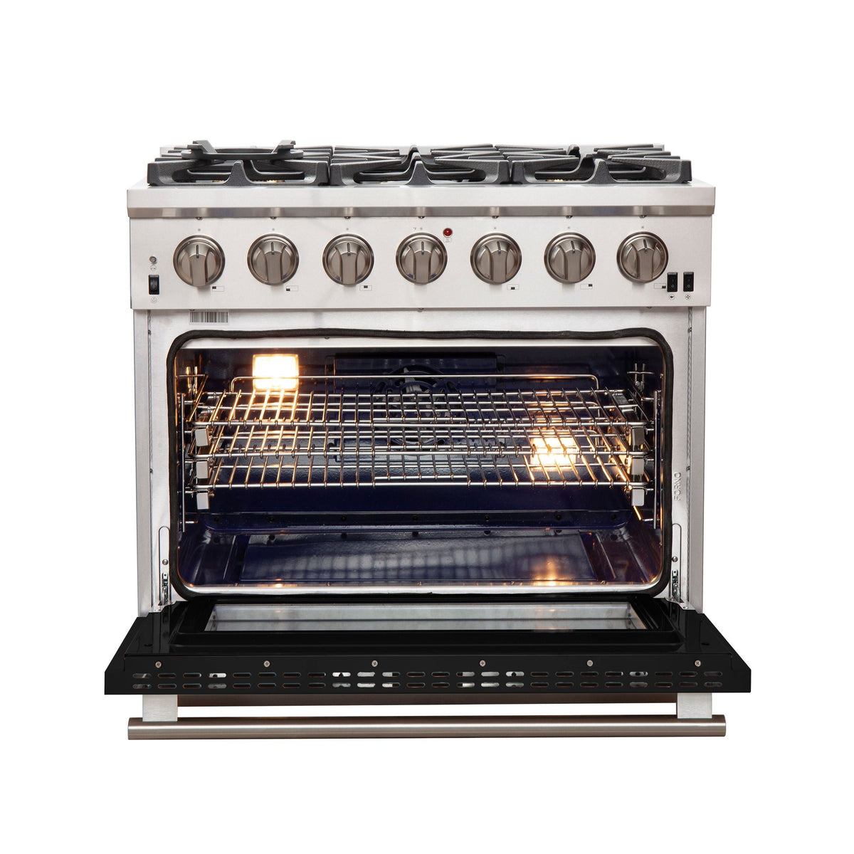 Forno Capriasca 36-Inch Freestanding Gas Range, 6 Burners, Convection Oven, Stainless Steel with Black Door (FFSGS6260-36BLK)