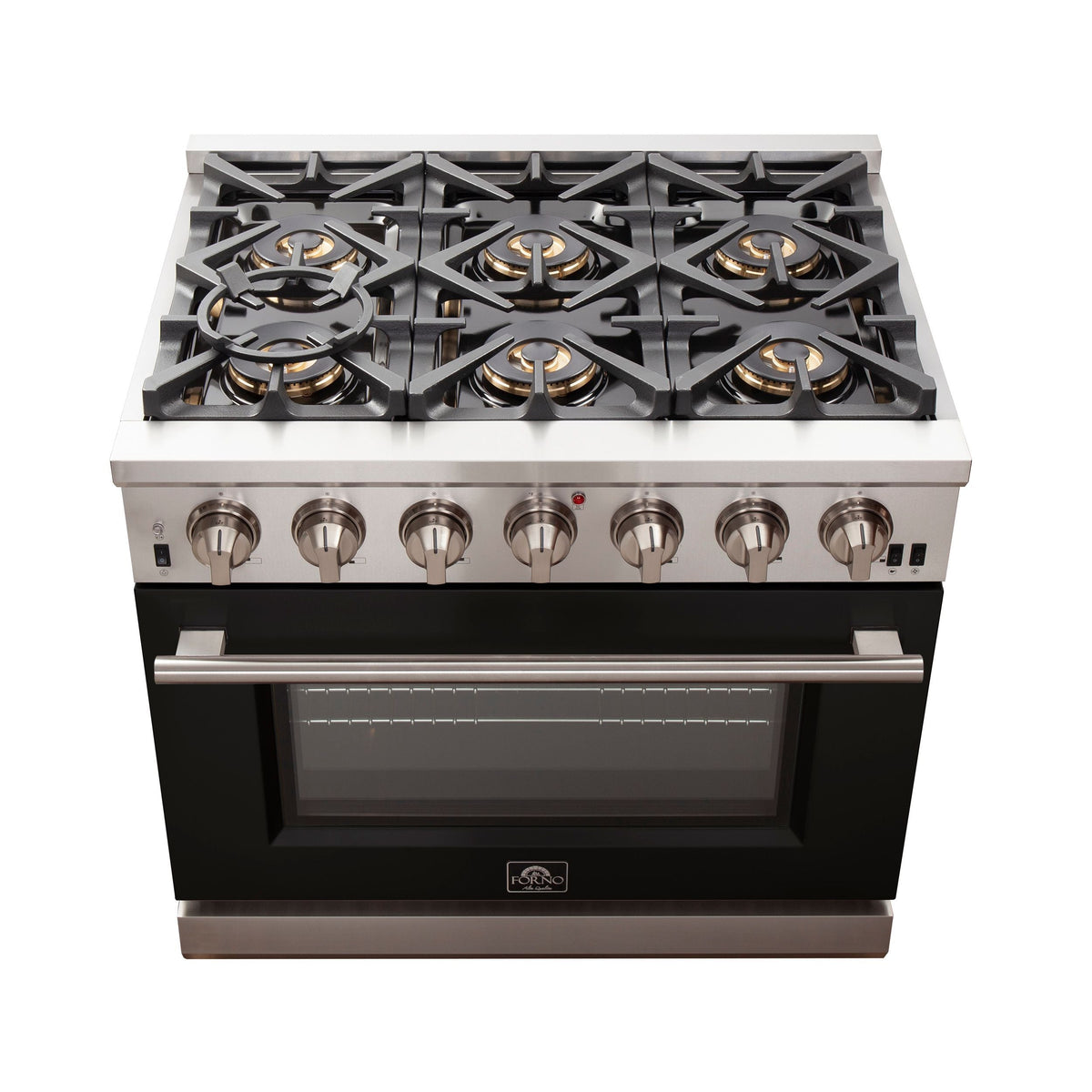 Forno Capriasca 36-Inch Freestanding Gas Range, 6 Burners, Convection Oven, Stainless Steel with Black Door (FFSGS6260-36BLK)