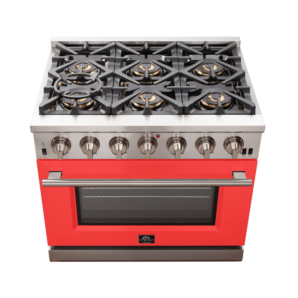Forno Capriasca 36-Inch Freestanding Gas Range, 6 Burners, Convection Oven, Stainless Steel with Red Door (FFSGS6260-36RED)