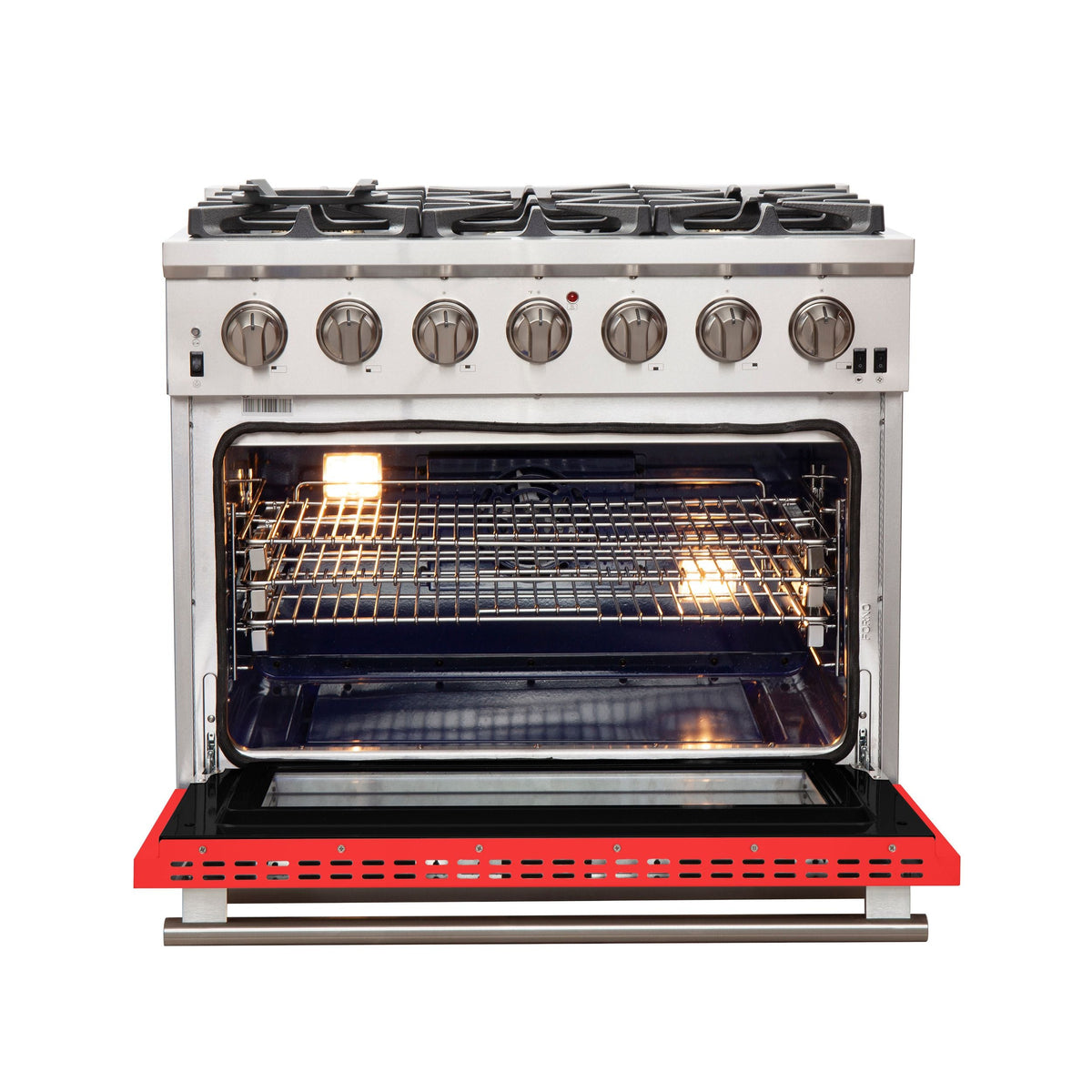 Forno Capriasca 36-Inch Freestanding Gas Range, 6 Burners, Convection Oven, Stainless Steel with Red Door (FFSGS6260-36RED)