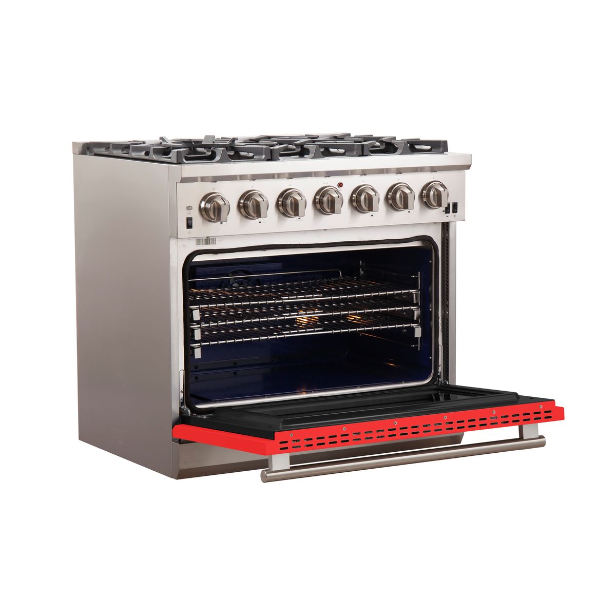 Forno Capriasca 36-Inch Freestanding Gas Range, 6 Burners, Convection Oven, Stainless Steel with Red Door (FFSGS6260-36RED)