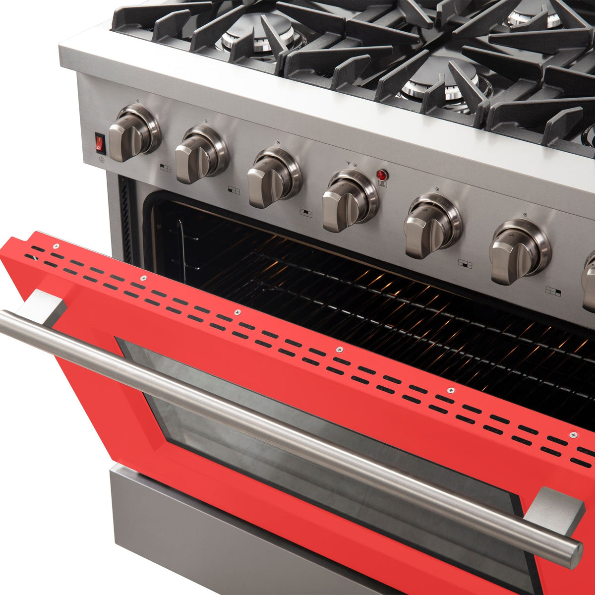 Forno Galiano 36-Inch Freestanding Gas Range, 6 Gas Burners, Convection Oven, Stainless Steel with Red Door (FFSGS6244-36RED)