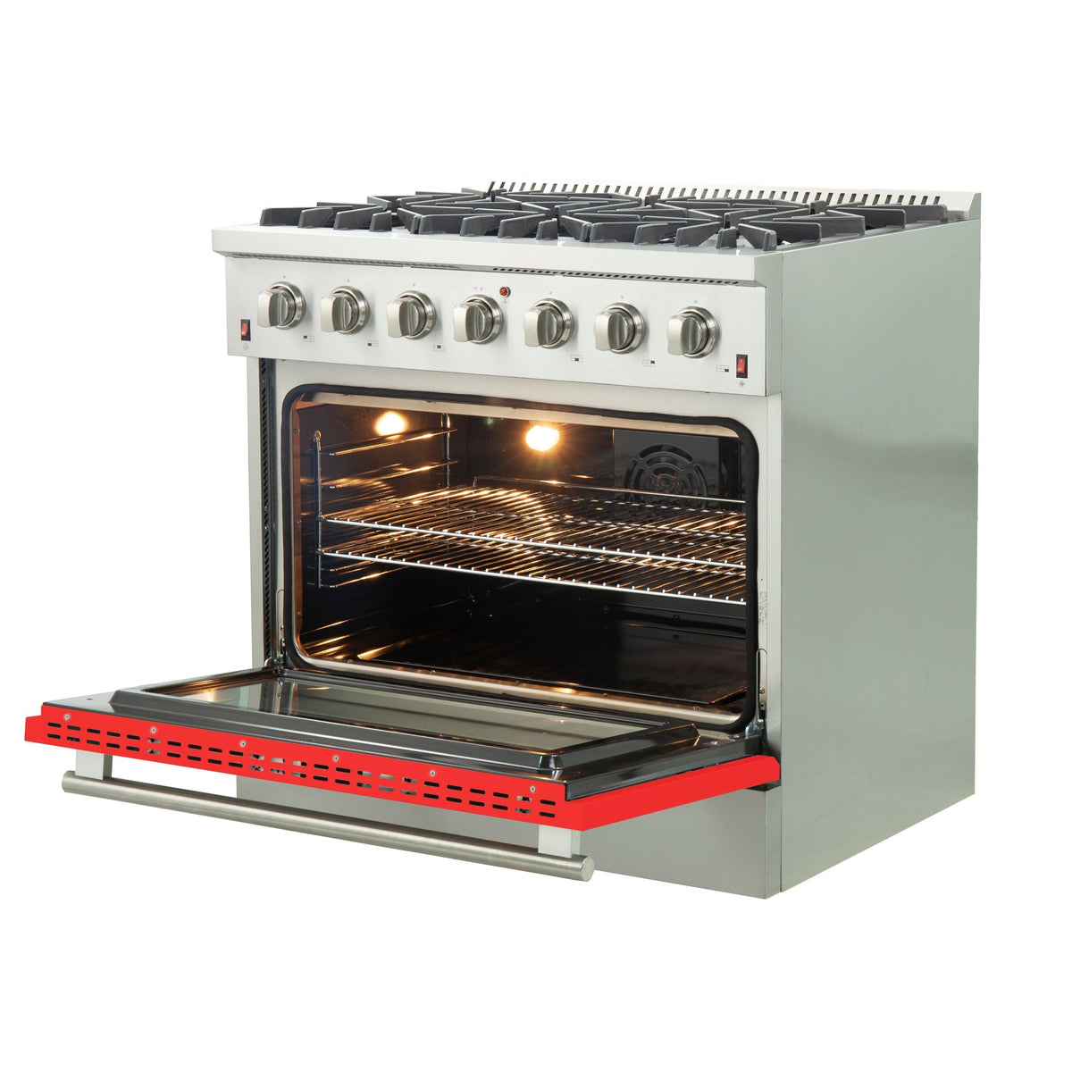 Forno Galiano 36-Inch Freestanding Gas Range, 6 Gas Burners, Convection Oven, Stainless Steel with Red Door (FFSGS6244-36RED)