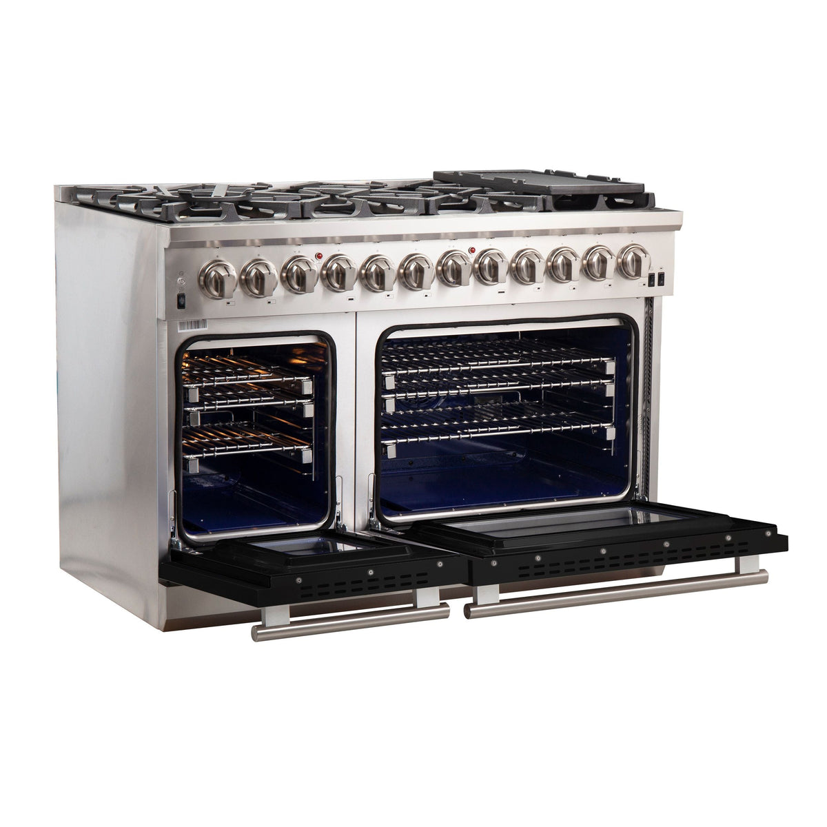 Forno Capriasca 48-Inch Freestanding Dual Fuel Range, 8 Gas Burners, 240V Electric Oven, Stainless Steel with Black Door (FFSGS6187-48BLK)
