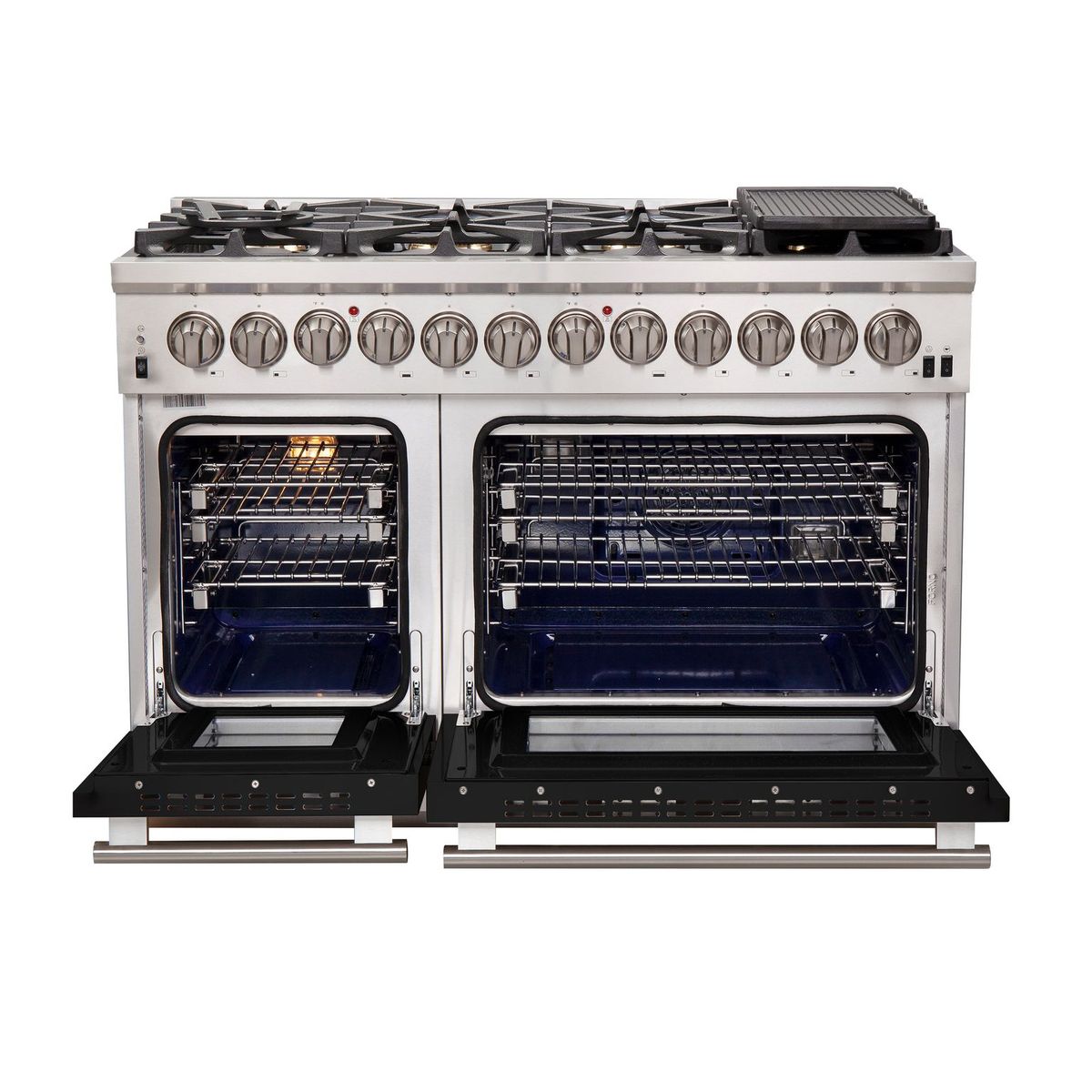 Forno Capriasca 48-Inch Freestanding Dual Fuel Range, 8 Gas Burners, 240V Electric Oven, Stainless Steel with Black Door (FFSGS6187-48BLK)