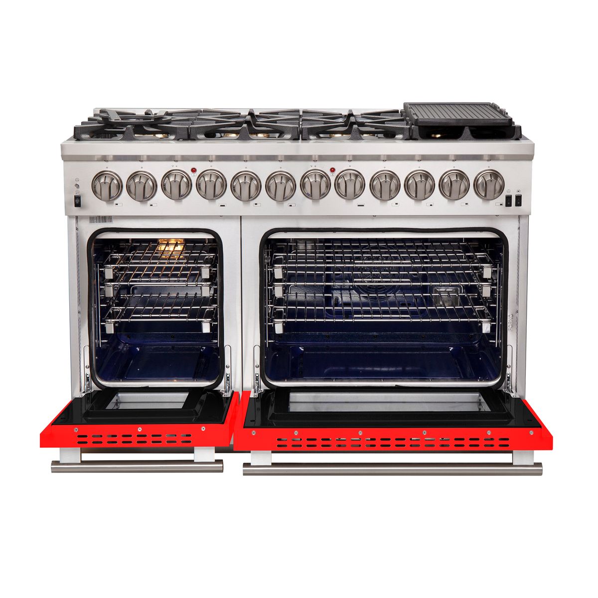 Forno Capriasca 48-Inch Freestanding Dual Fuel Range, 8 Gas Burners, 240V Electric Oven, Stainless Steel with Red Door (FFSGS6187-48RED)