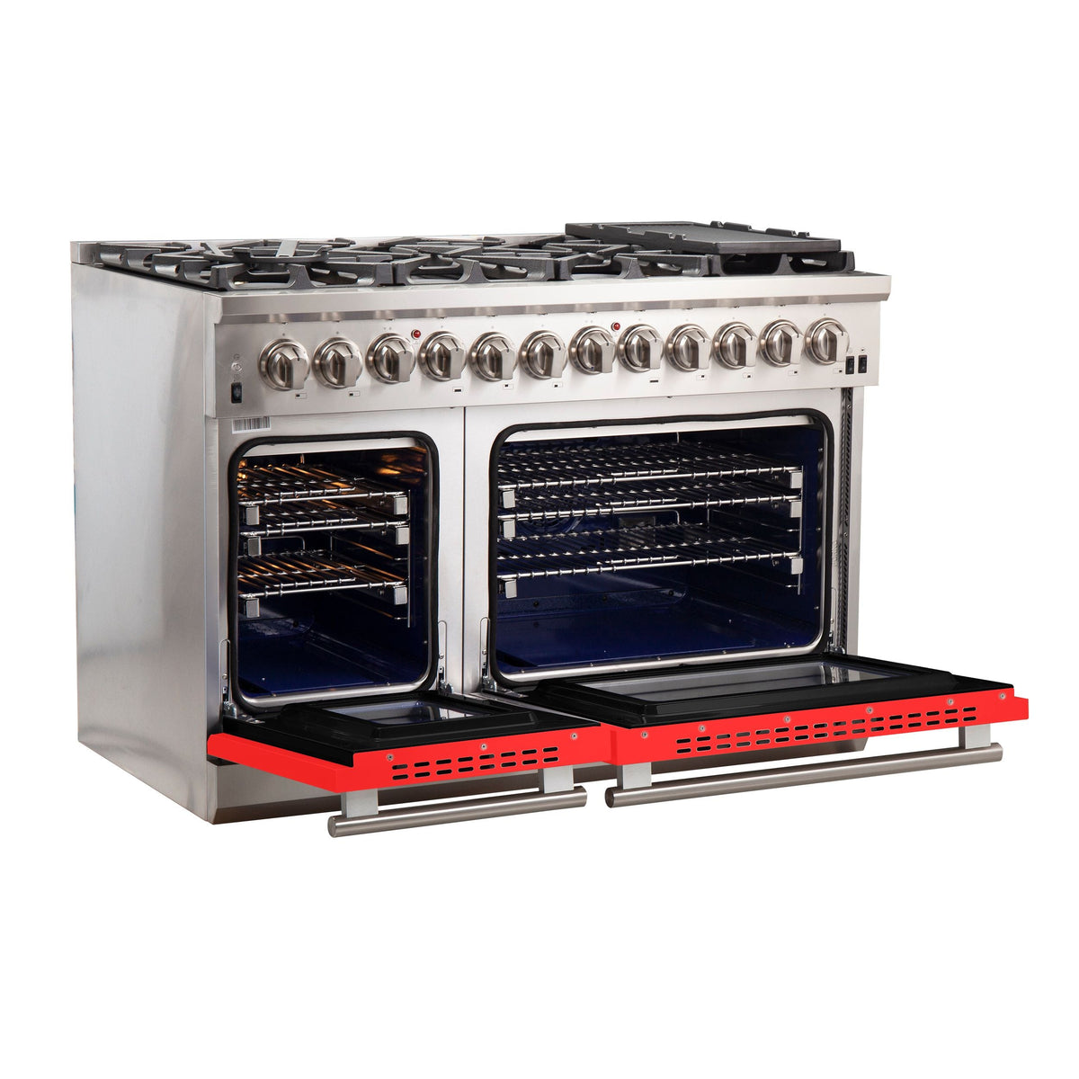 Forno Capriasca 48-Inch Freestanding Dual Fuel Range, 8 Gas Burners, 240V Electric Oven, Stainless Steel with Red Door (FFSGS6187-48RED)