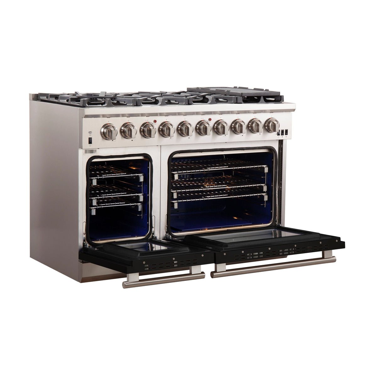 Forno Capriasca 48-Inch Freestanding Gas Range, 8 Gas Burners, Convection Oven, Stainless Steel with Black Door (FFSGS6260-48BLK)