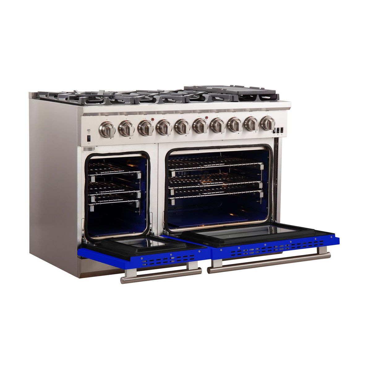 Forno Capriasca 48-Inch Freestanding Gas Range, 8 Gas Burners, Convection Oven, Stainless Steel with Blue Door (FFSGS6260-48BLU)