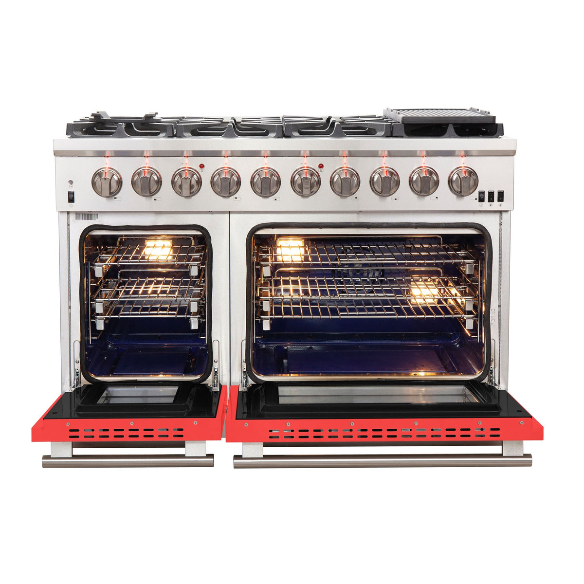 Forno Capriasca 48-Inch Freestanding Gas Range, 8 Gas Burners, Convection Oven, Stainless Steel with Red Door (FFSGS6260-48RED)