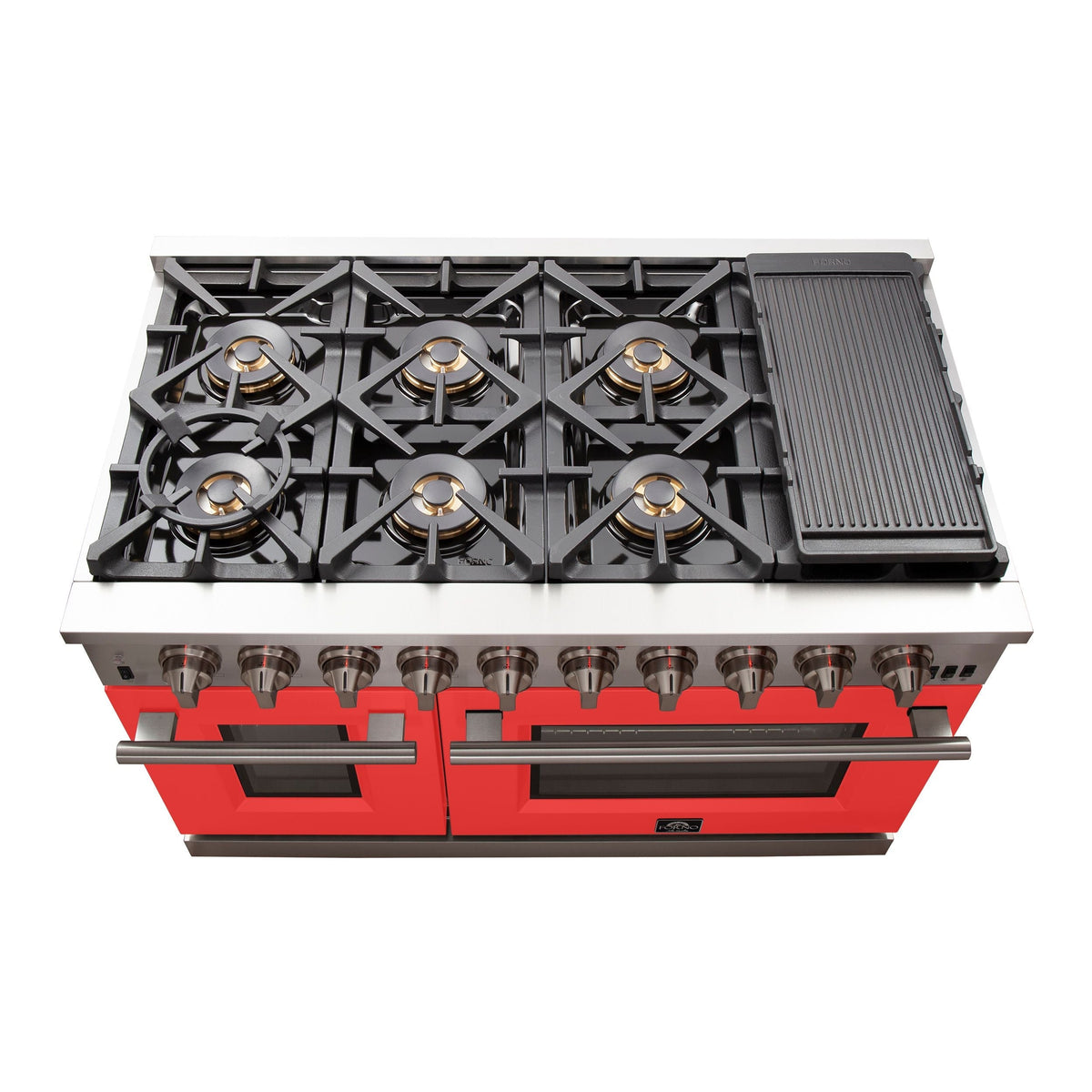 Forno Capriasca 48-Inch Freestanding Gas Range, 8 Gas Burners, Convection Oven, Stainless Steel with Red Door (FFSGS6260-48RED)