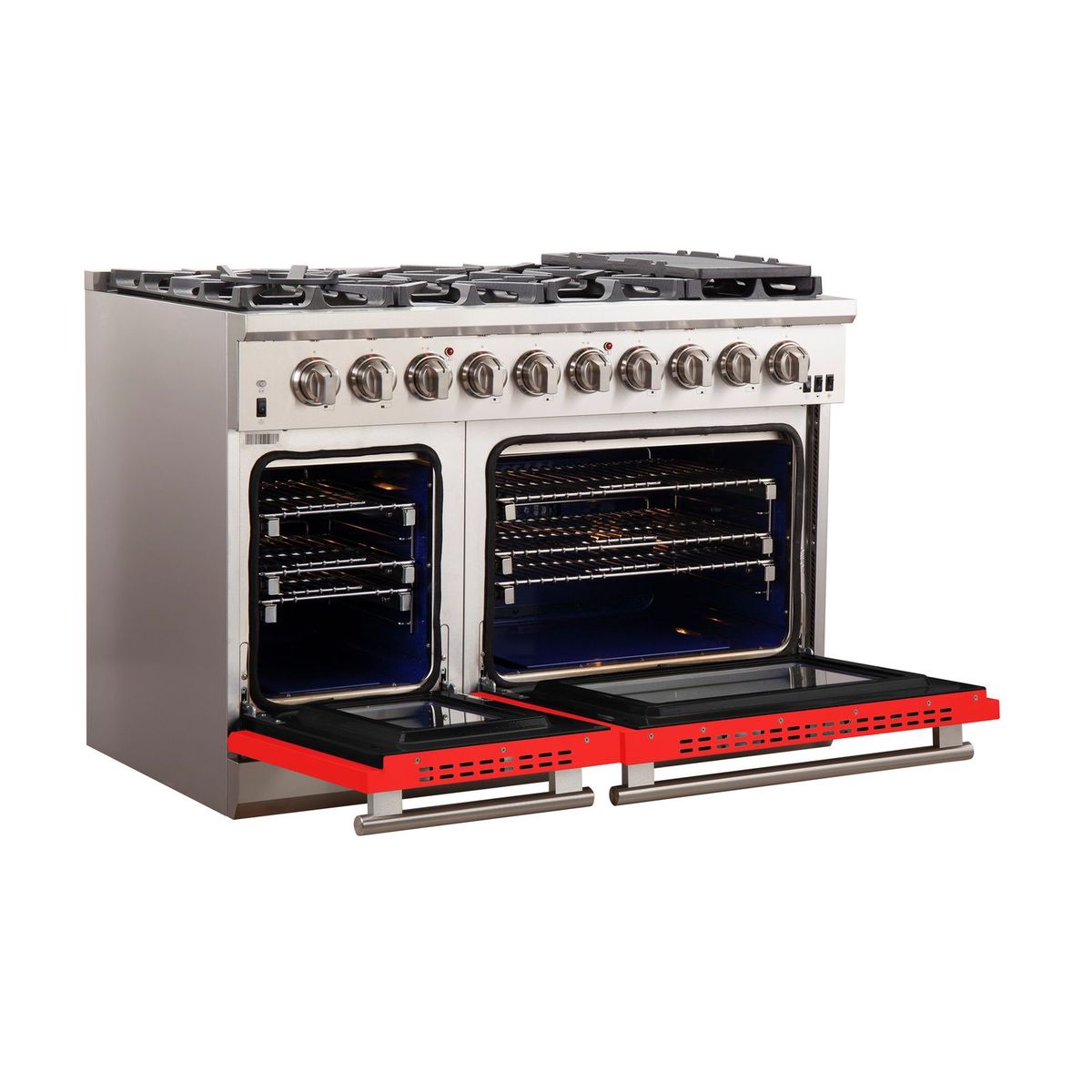 Forno Capriasca 48-Inch Freestanding Gas Range, 8 Gas Burners, Convection Oven, Stainless Steel with Red Door (FFSGS6260-48RED)