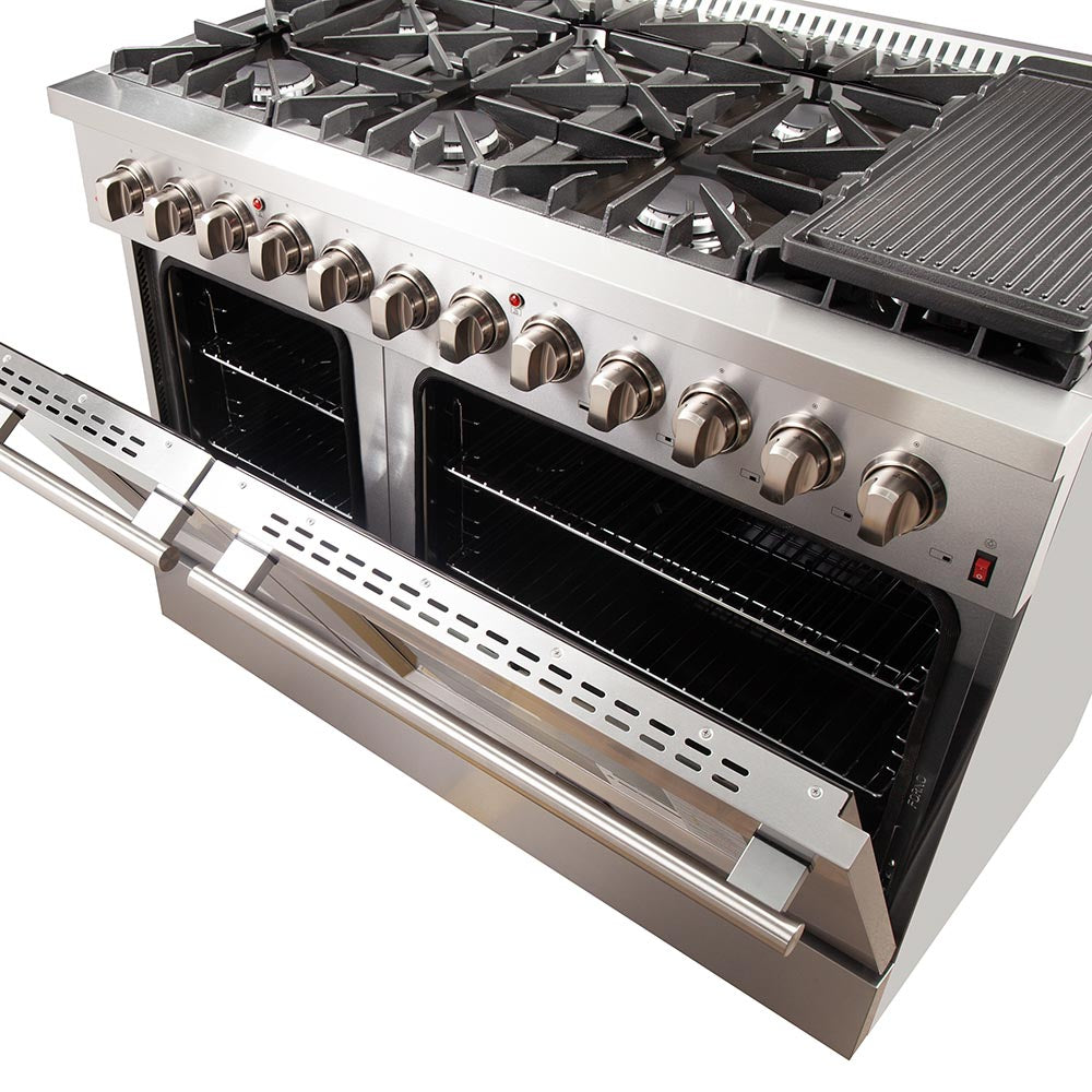 Forno Galiano 48-Inch Freestanding Dual Fuel Range, 8 Burners, Griddle, 240V Electric Double Oven (FFSGS6156-48)