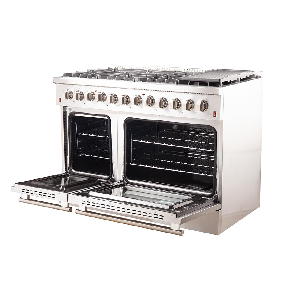 Forno Galiano 48-Inch Freestanding Dual Fuel Range, 8 Burners, Griddle, 240V Electric Double Oven (FFSGS6156-48)