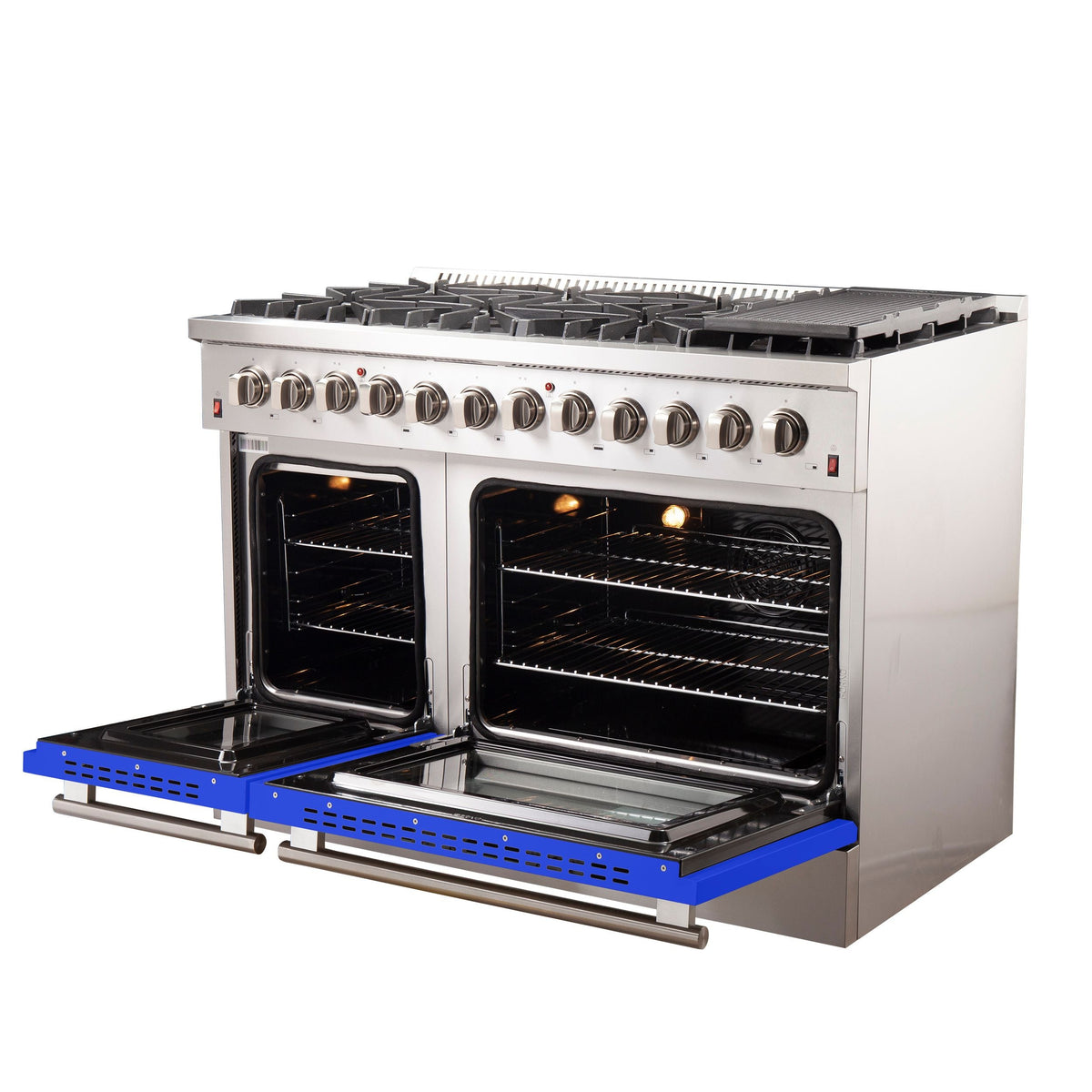 Forno Galiano 48-Inch Freestanding Dual Fuel Range, 8 Gas Burners, 240V Electric Oven, Stainless Steel with Blue Door (FFSGS6156-48BLU)