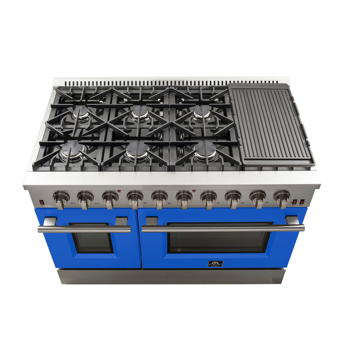 Forno Galiano 48-Inch Freestanding Gas Range, 8 Gas Burners, Convection Oven, Stainless Steel with Blue Door (FFSGS6244-48BLU)